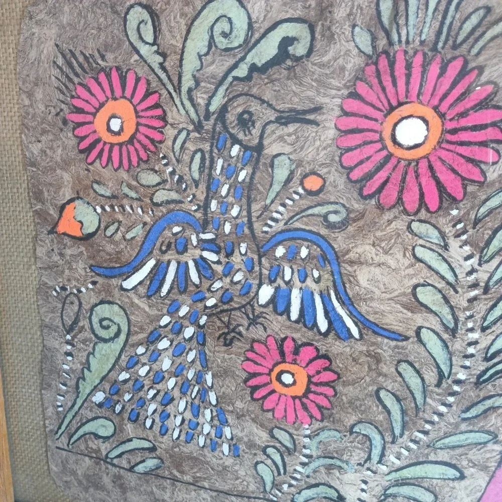 VTG Mexican Amate Bark Paper Folk Art Hand Painted Birds in Frame 18.5 x 14.5